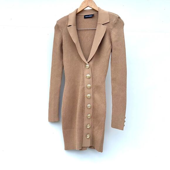 Retrofête Mimi Rib Knit Button Front Collared Mini Dress Nude Small Tan Stretch - Picture 2 of 9